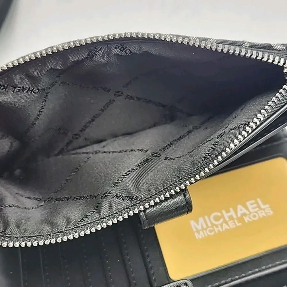 Michael Kors Wristlet Wallet Phone Black Silver Jet Set Double Zip 7.25x4.5